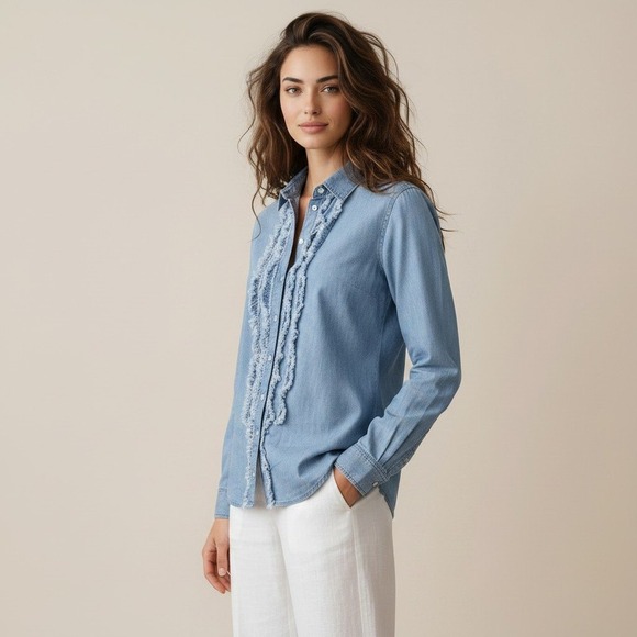 Pilcro and the Letterpress Tops - Pilcro Anthropologie Denim Ruffle Button Down Shirt Blue Size Small Frayed Trim